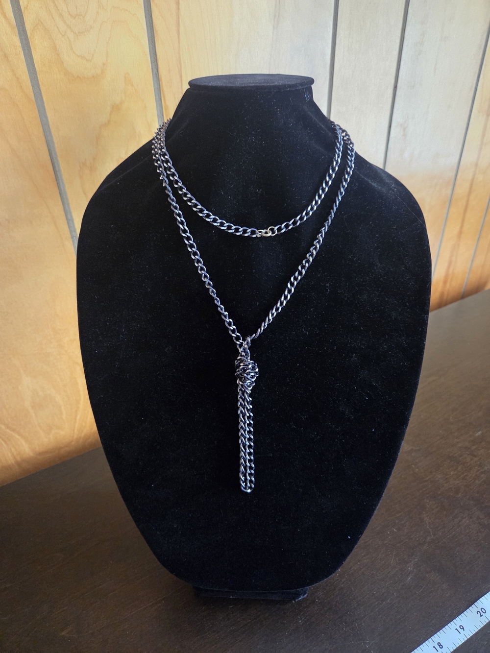 Vintage Costume Jewelry Long Necklace in Silvertone with Knot